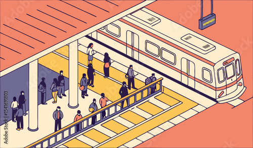 Illustration of busy subway, metro, underground, train station with people waiting, standing in line on platform and boarding car    