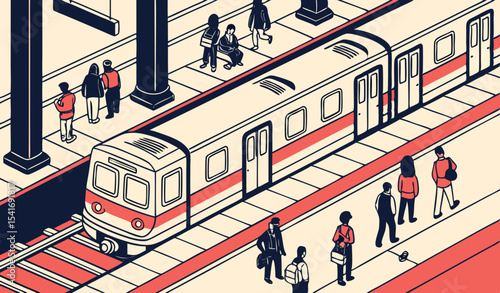 Illustration of busy subway, metro, underground, train station with people waiting, standing in line on platform and boarding car    