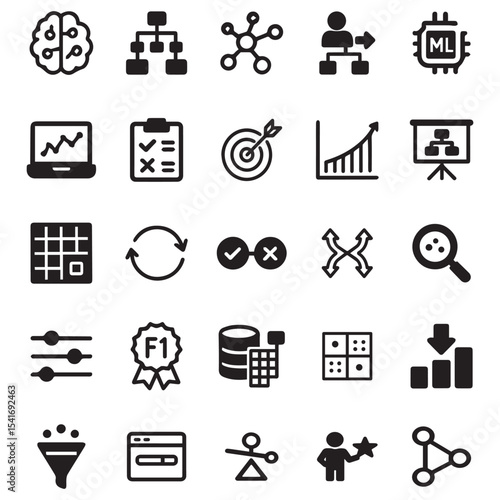 Machine Learning and Data Science Icons – Neural Network, Decision Tree, Feature Scaling, and Model Training Icons