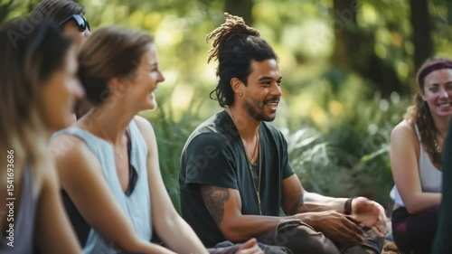 Video of diverse group of people men and women sitting in open air laughing talking engaged in mindful activities. Togetherness sense of community mental health concept