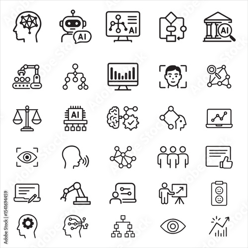 Artificial Intelligence Icon Collection – AI, Deep Learning, Robotics, Algorithms, Data Science, Face ID, Automation