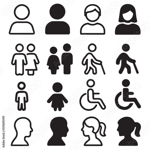 Person Icons Set. Male and female user avatars, child and adult symbols, walking and wheelchair accessibility. Solid and outline human figure icons.