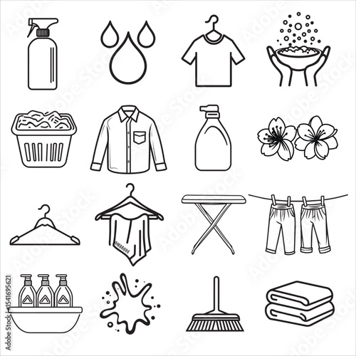 Laundry Icons Set. Detergent, washing machine, ironing, clothes drying, and cleaning tools. Outline vector icons collection for cleaning and laundry services.