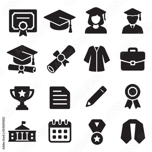 Vector Degree Icons – Academic Symbols, Certificate, Student Avatar, Graduation Gown, Career Items
