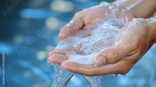 Wallpaper Mural Hands collecting refreshing water with soap suds in outdoor setting Torontodigital.ca