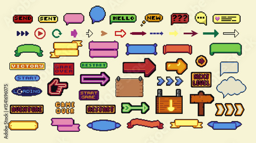Pixel art frames. Retro 8 bit buttons, arrows, speech bubble messages and quote frame. Game UI vector template set of pixel game frame, 8 bit message illustration