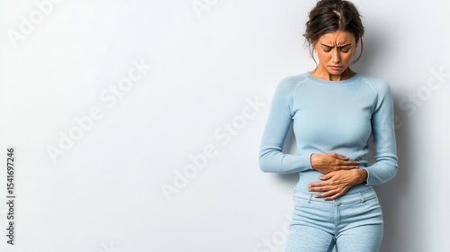 Young woman gripping her belly, visibly struggling with abdominal pain and discomfort, highlighting the challenges of digestive issues