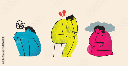 Psychology concept set of the flat vector illustrations. Self-abuse, violence and pressure. Person under overwhelming control, assault. Mental health problem.