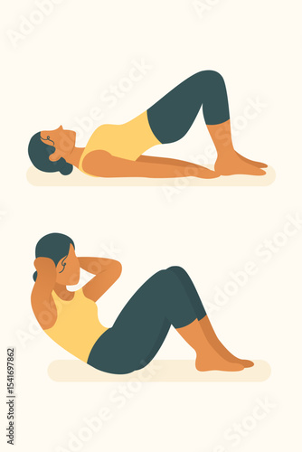Woman doing glute bridge and abdominal crunch, combining flexibility and control through pilates and yoga fitness routine