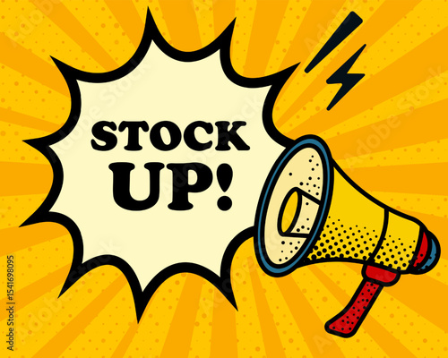Stock up speech bubble. Megaphone, lightning, speech burst, sound lines, pop art style, loudspeaker, public speaking, yellow background, expression, voice, alert, broadcast