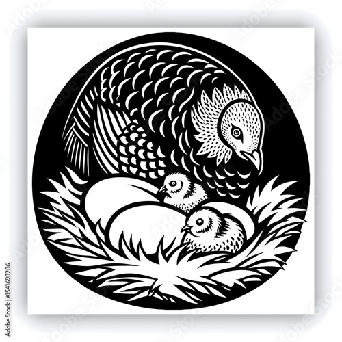 A mature, gray and white turkey hen is centered in a nest of straw. She is brooding over three eggs, with two small, light yellow chicks visible near the eggs. The turkey is positioned in a slightly c
