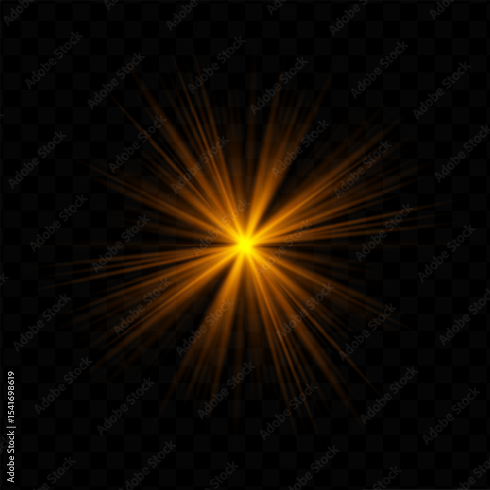 Obraz premium Light burst. Golden central starburst with sharp rays and transparent glow, perfect for sci-fi, energy, or futuristic interface visuals.