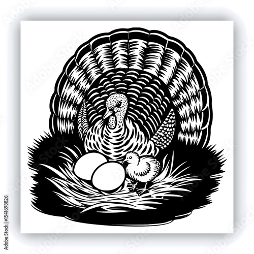 A mature, gray and white turkey hen is centered in a nest of straw. She is brooding over three eggs, with two small, light yellow chicks visible near the eggs. The turkey is positioned in a slightly c
