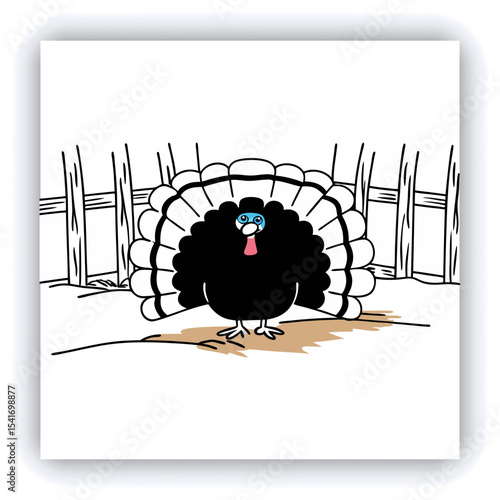 A mature, gray and white turkey hen is centered in a nest of straw. She is brooding over three eggs, with two small, light yellow chicks visible near the eggs. The turkey is positioned in a slightly c