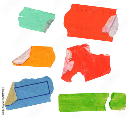 set of empty grungy adhesive price stickers, multicolored price tags, with free copy space, isolated on transparent background

