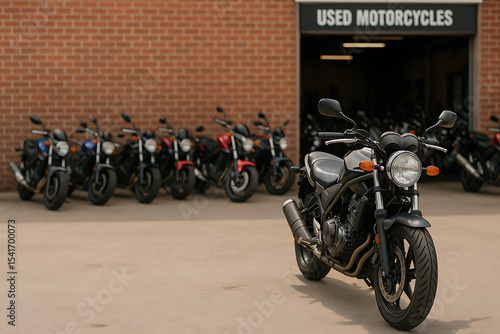 A used motorcycle in a pre-owned motorcycle dealership showroom with copy space.