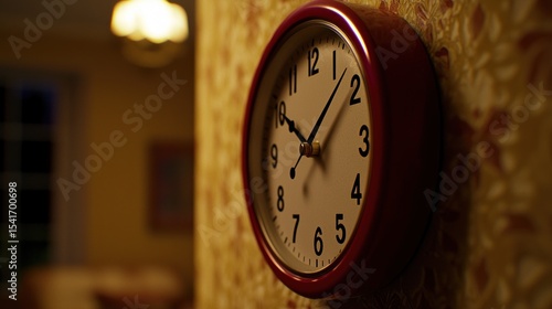Vintage red clock on wall, dimly lit room, antique wallpaper, time passing