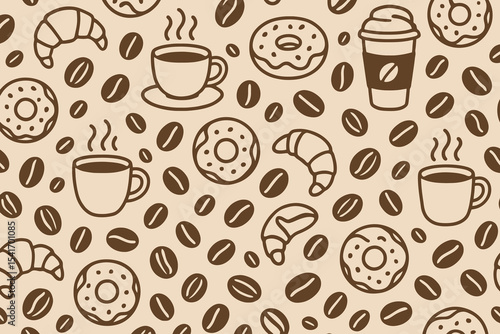 Coffee beans donuts croissants and coffee cups seamless pattern