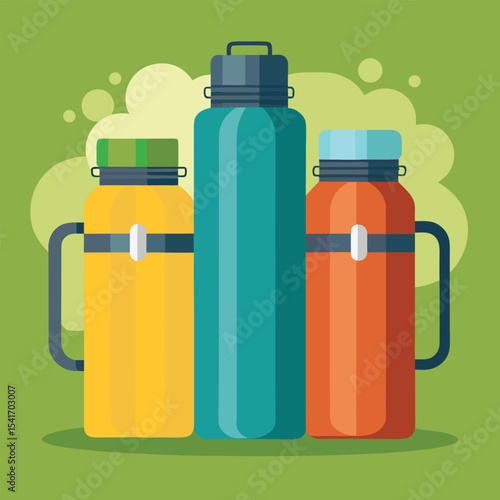 Three Thermos Bottles Arranged Side-by-Side in Distinct Colors