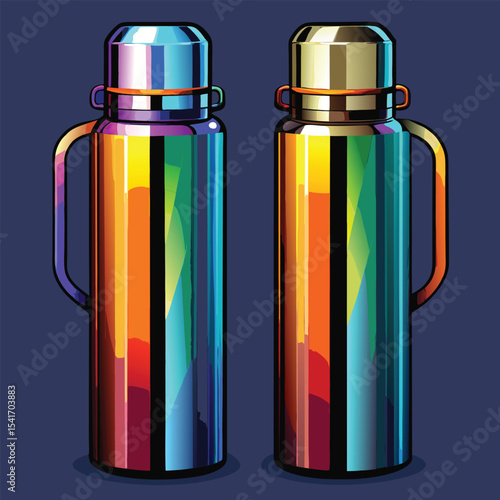 Two Colorful Thermos Bottles: Shiny Gradient Hues on a Blue Background