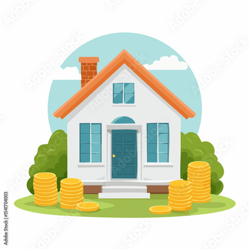 A cartoon house with stacks of gold coins in the front yard, suggesting investment or property value.
