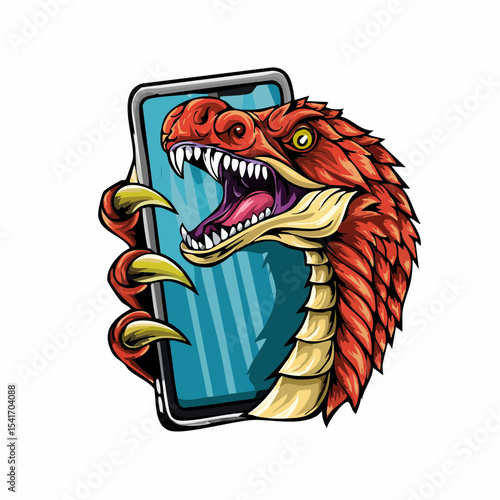 A ferocious raptor dinosaur grips a smartphone, its claws digging into the screen.