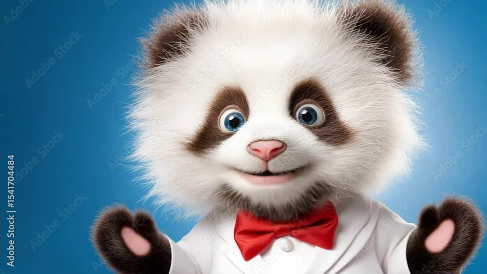 Adorable fluffy panda cub in red bow tie on blue background Adorable fluffy panda cub in red bow tie on blue background