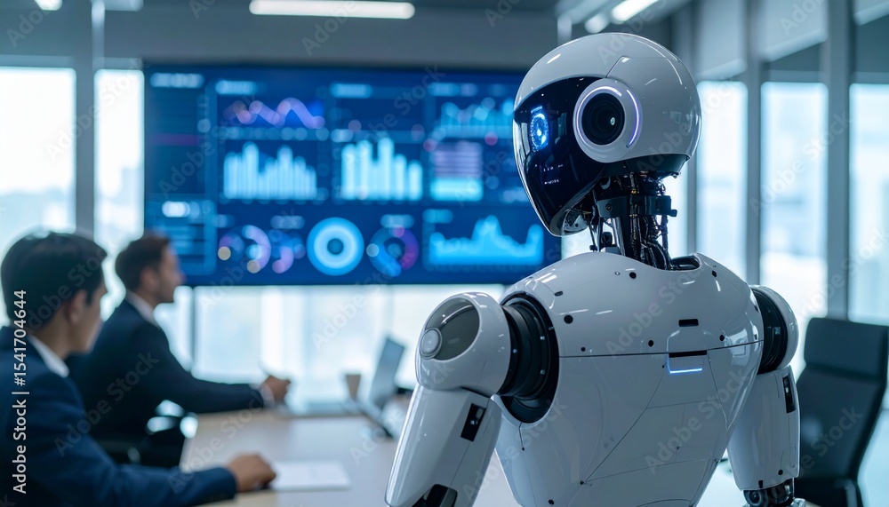 A futuristic robot observes a business meeting in a modern office, with charts on display A futuristic robot observes a business meeting in a modern office, with charts on display
