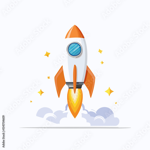 A cartoon rocket launching into space, propelled by flames, surrounded by small stars and clouds.