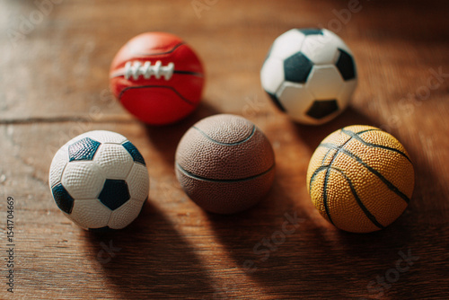 Various small sports balls arranged on wooden surface, showcasing different textures and designs