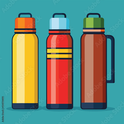 Three Thermos Bottles in Yellow, Red, and Brown on a Teal Background: A Simple Display of Insulated Beverage Containers