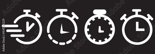 Timer icon set. Alarm clock symbol. Watch countdown vector illustration. Stopwatch sign. Hours, minutes and seconds concept. Simple express pictogram outline collection.