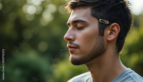 A young man with a discreet brain-computer interface device finds serenity amidst blurred green foliage.