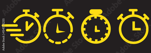 Timer icon set. Alarm clock symbol. Watch countdown vector illustration. Stopwatch sign. Hours, minutes and seconds concept. Simple express pictogram outline collection.