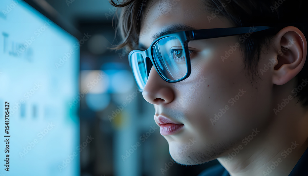 A male student's glasses reflect a complex blue digital display, showcasing eye-tracking capabilities. A male student's glasses reflect a complex blue digital display, showcasing eye-tracking capabilities.