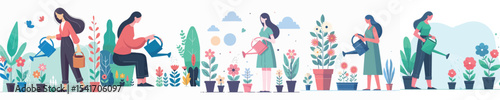 vector character woman watering flowers