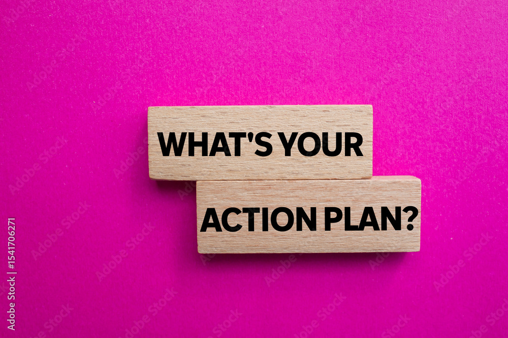 Obraz premium What's your action plan message written on wooden blocks on pink background. Conceptual what's your action plan symbol. Copy space.