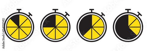 Stopwatch timer icon set, Timer, clock, and stopwatch symbol. Set of timers. Countdown 15, 20, 25, 30, 35, 40, 45 minutes. Simple and Stylish A Set of Clean. Timer Icons, clock and  time management.