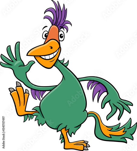 funny cartoon Caudipteryx or feathered dinosaur character dancing