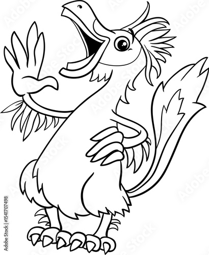 funny cartoon Caudipteryx dinosaur character laughing coloring page