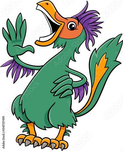 funny cartoon Caudipteryx or feathered dinosaur character laughing