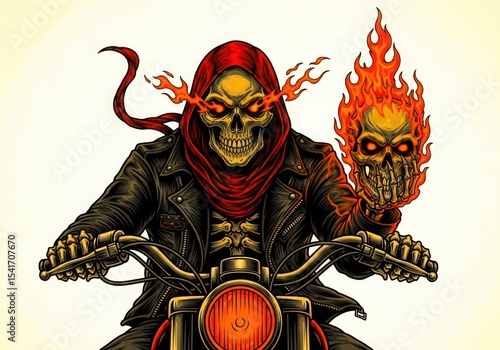 Flaming skull rider on a motorcycle