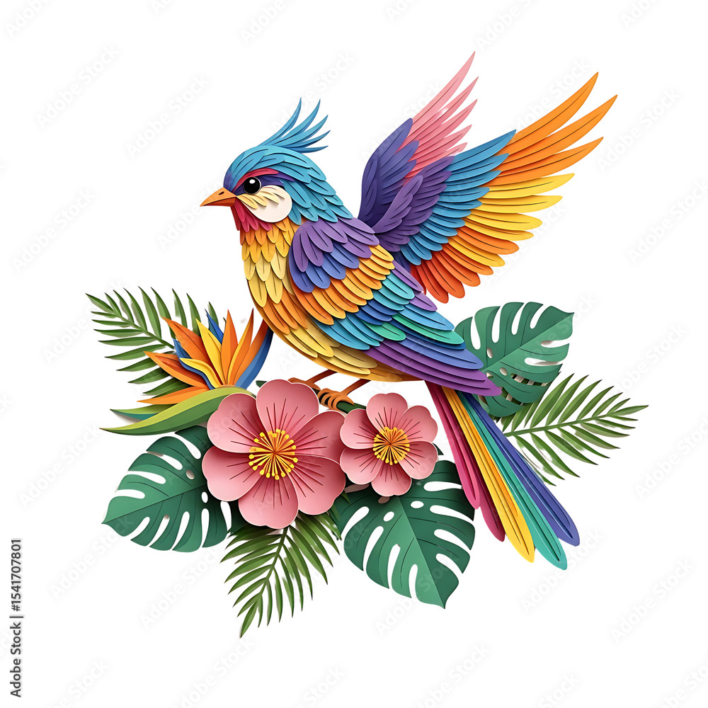 Obraz premium Kirigami Paper Bird Colorful Bird with Exotic Flowers and Jungle Leaves – 3D Layered Cut Art Illustration for Wall Decor, Crafts, and Nature-Inspired PNG