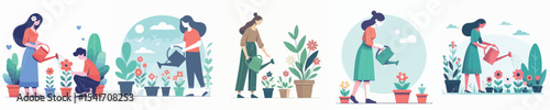 vector character woman watering flowers