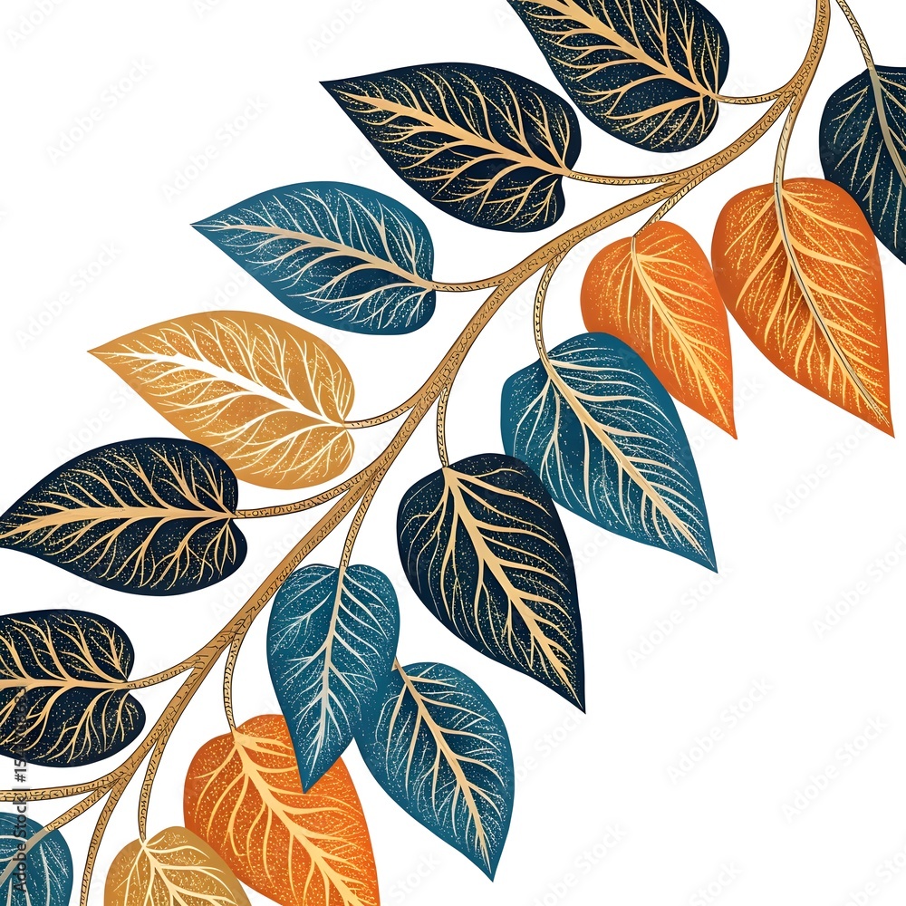 Obraz premium Decorative circular arrangement of colorful autumn leaves in orange, blue, gold, and black.