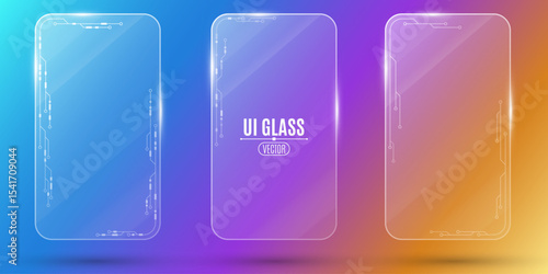 Set of futuristic UI glass cards featuring transparent panels with circuit board and electronic elements on a multicolored background. Hi-tech mobile interfaces and UX dashboards design. Vector.