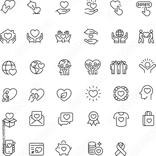 Thin line icon set of charity donation helping giving care compassion volunteer dundraising. Pixel perfect icons, editable stroke.