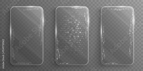 Set of sci-fi digital glass cards with shining circuit lines and hexagonal pattern for cyber ID card isolated on transparent background. Hi-tech dashboard screen for UI and GUI design. Vector.
