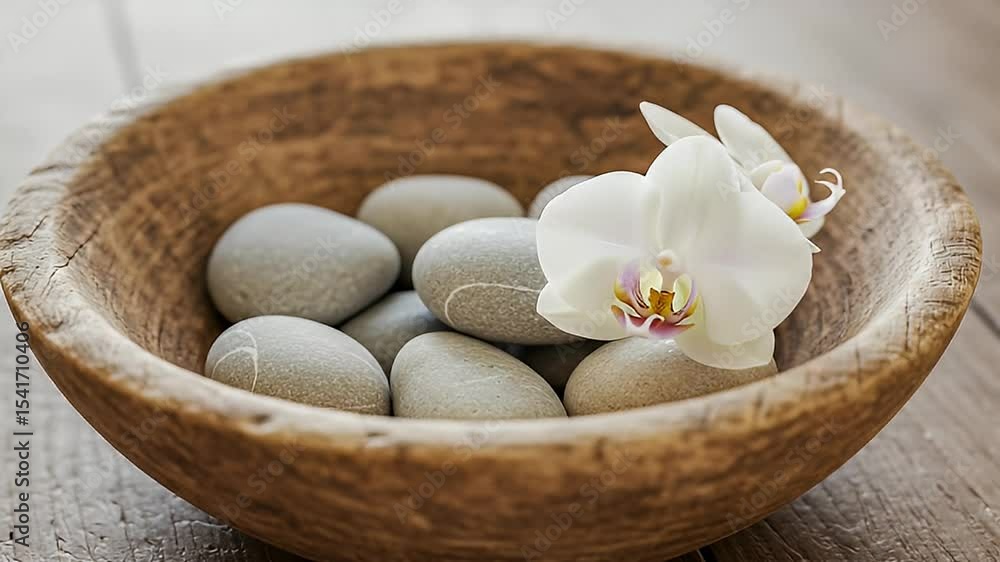 Close-Up of White Orchid and Grey Stones in Wooden Bowl on Light Wooden Surface Close-Up of White Orchid and Grey Stones in Wooden Bowl on Light Wooden Surface