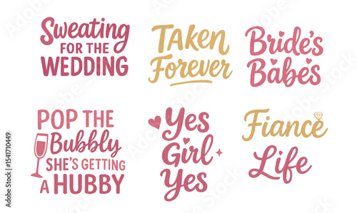 Wedding calligraphy Pink lettering vector party, pink bachelorette design party hand lettered quote for greeting card, gift tag, label, wedding sets. Groom and bride design text Sticker Set Collection